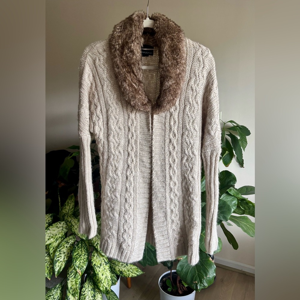 Cynthia Rowley Wool Alpaca Blend Cardigan With Faux Fur Neck Size L